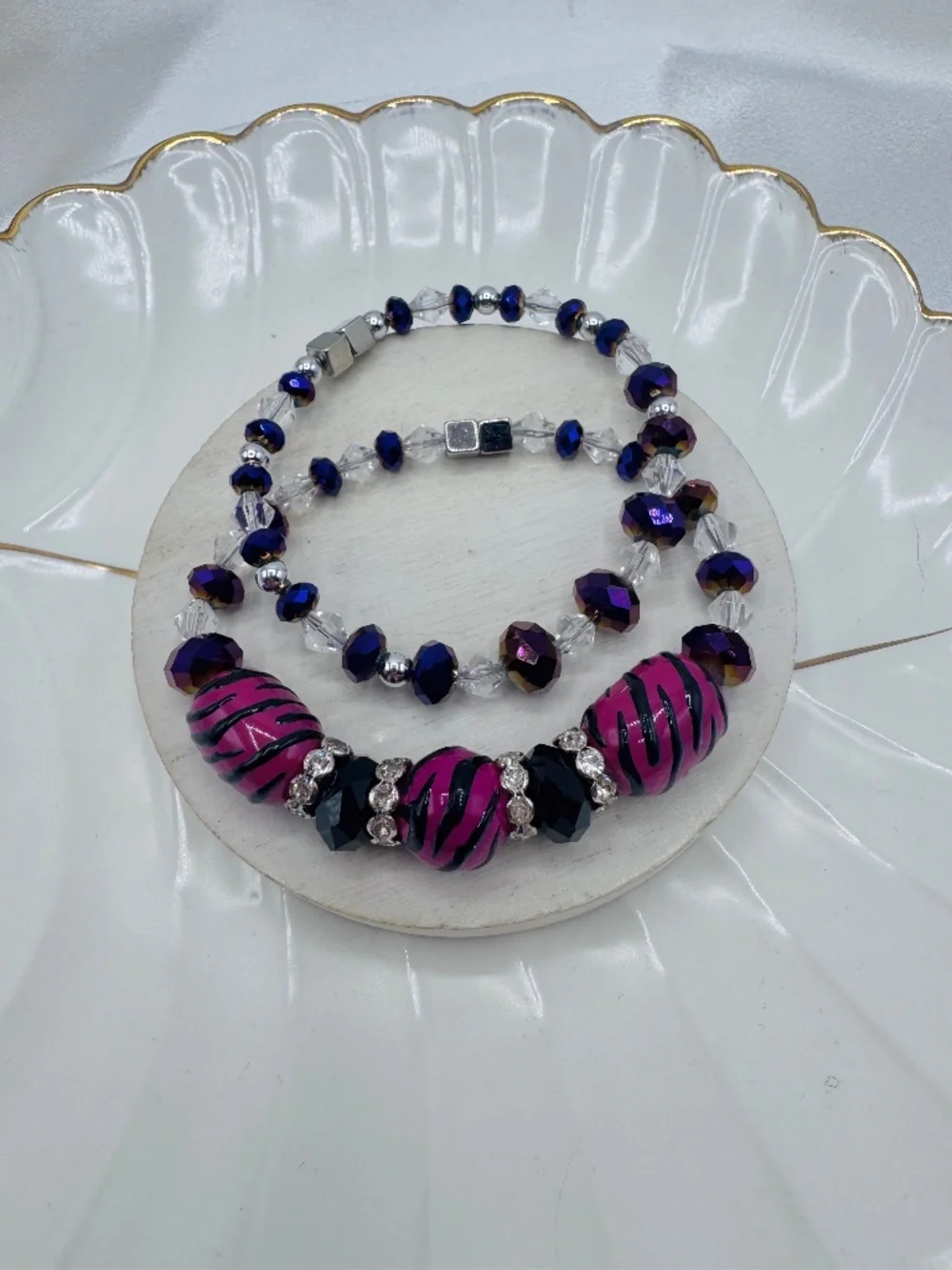 Pink Purple Zebra Print Beaded Bracelet Set Glam Sparkly Jewelry
